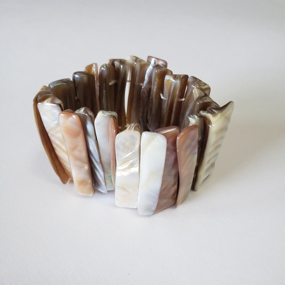 Vintage Abalone Shell Beige Tan Wide Stretch Bracelet Mother Of Pearl - Picture 2 of 5